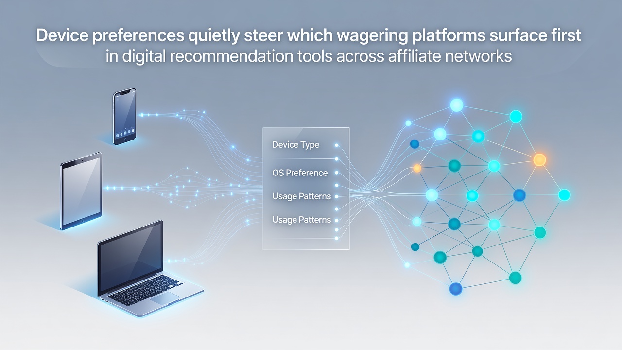 Illustration showing mobile and desktop devices influencing online wagering platform recommendations in affiliate networks