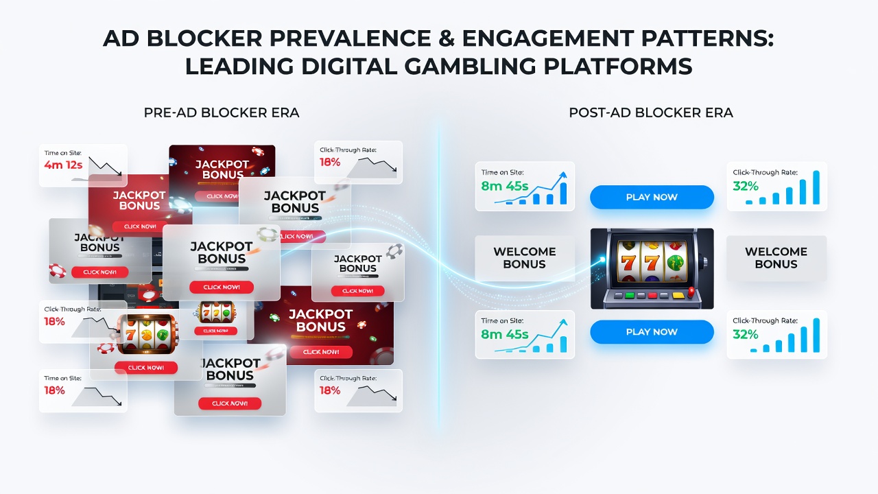 Analytics charts comparing engagement metrics before and after ad blocker adoption on gambling sites