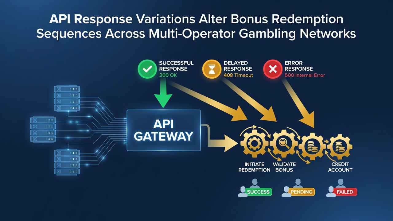 Diagram showing API data flows between multiple gambling operators and bonus redemption pathways