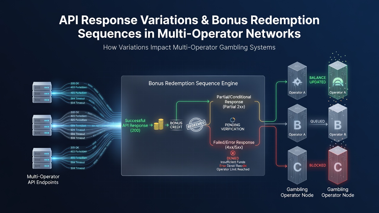 Flowchart illustrating varied API response paths affecting bonus sequences in gambling networks