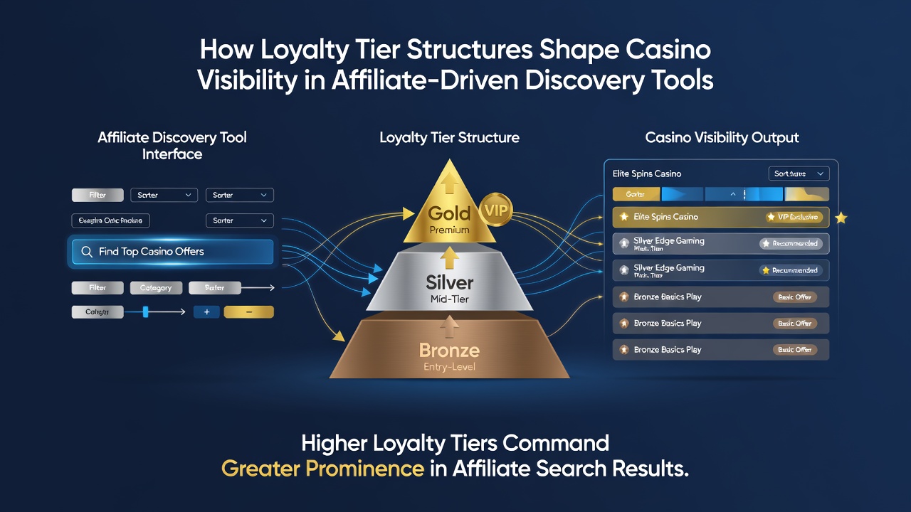 Affiliate dashboard displaying tier-weighted casino rankings and engagement graphs