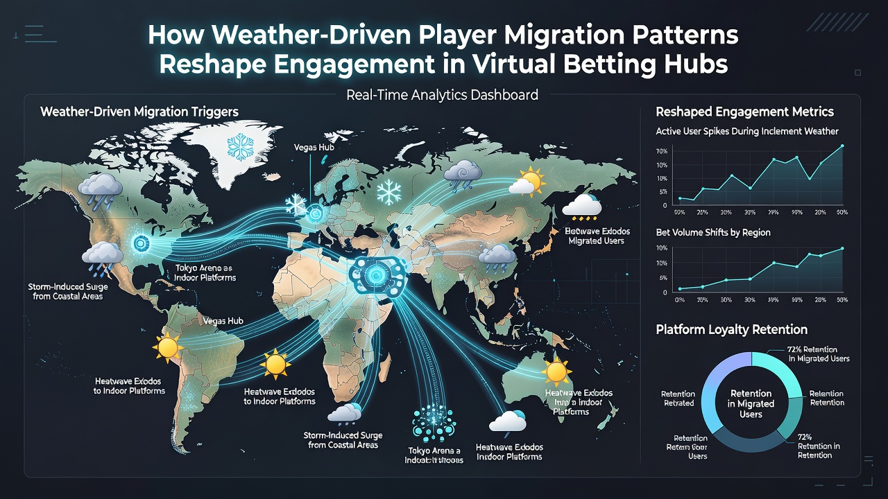 Network traffic visualization showing player migration across virtual betting platforms during weather events