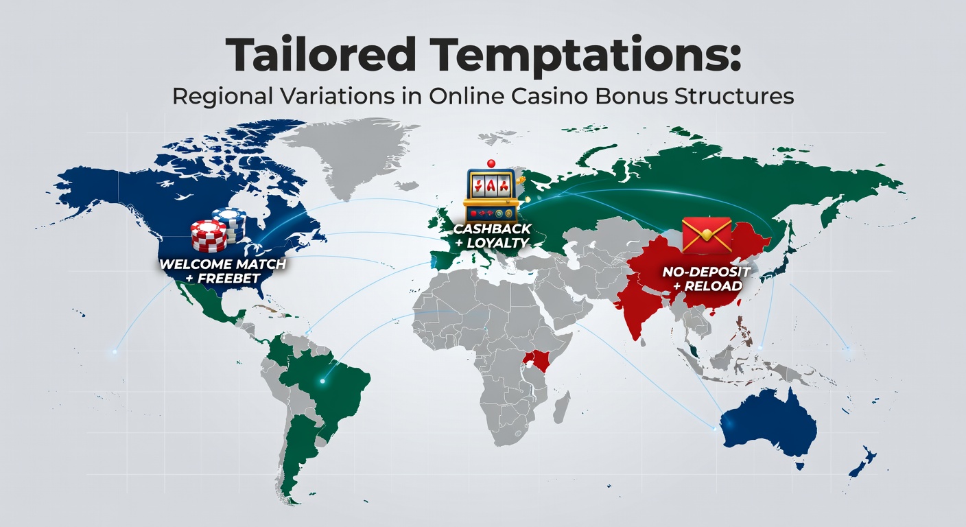 Colorful infographic showing global map with icons representing different casino bonus types overlaid on various regions
