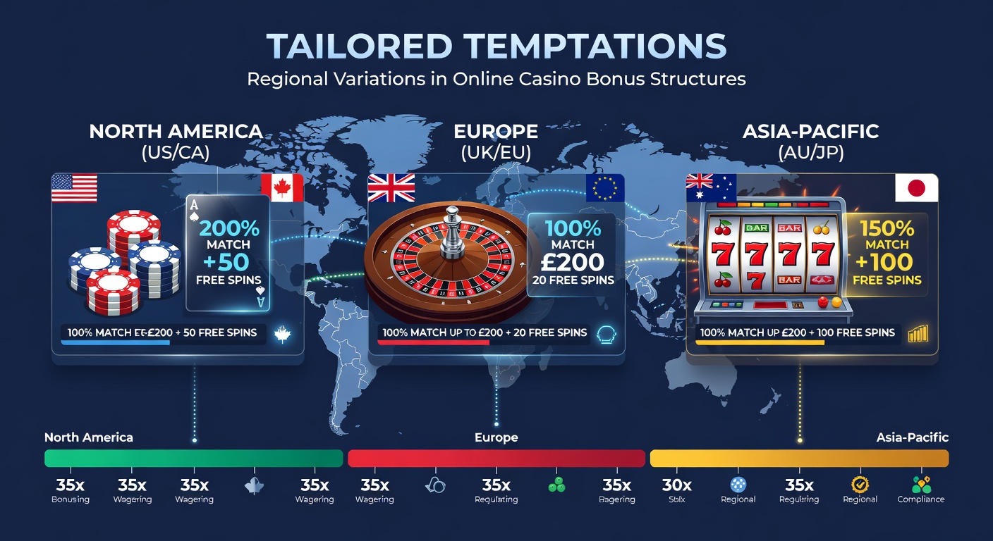 Screenshot collage of bonus offer pages from casinos in Europe, Asia, and the Americas, highlighting varied terms and visuals