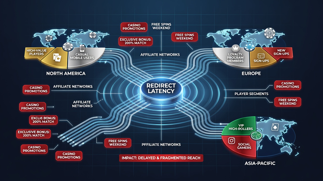 Network diagram illustrating redirect paths and latency points in casino affiliate tracking systems