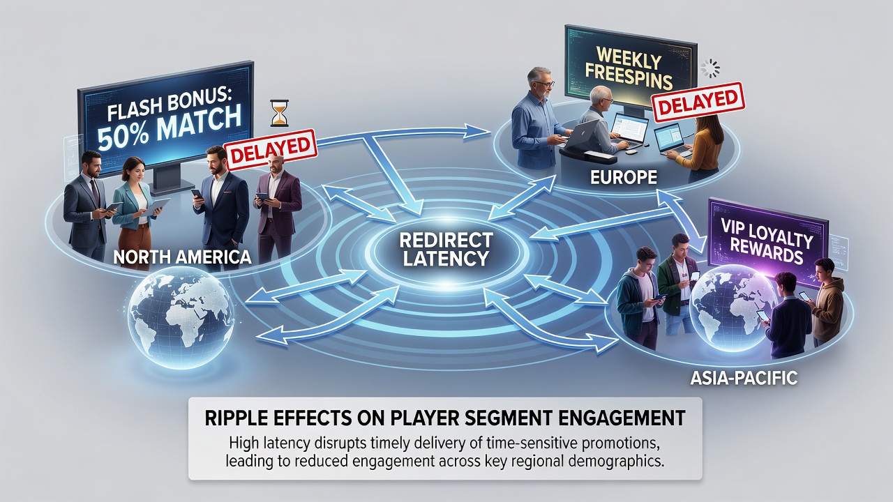 Bar chart comparing promotion completion rates across player segments under varying redirect latency conditions