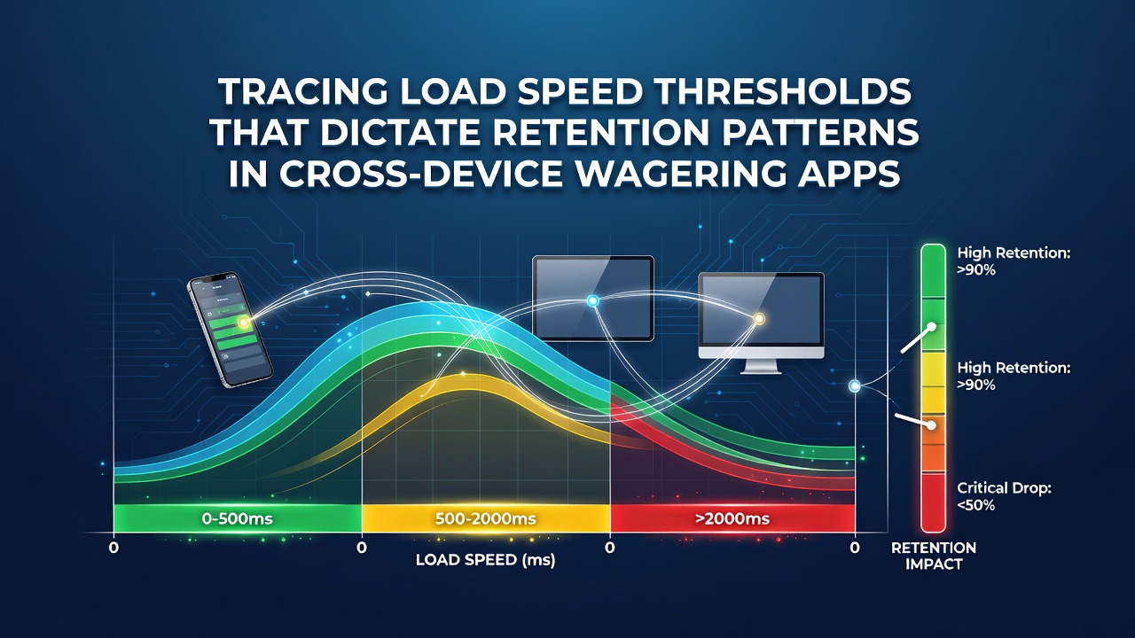 Analytics dashboard displaying retention curves and load speed thresholds for wagering applications across multiple devices