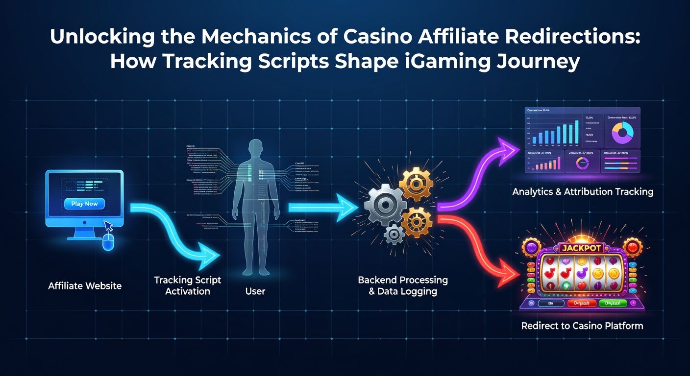 Visual representation of tracking script interactions, including cookies, pixels, and postback flows in an iGaming affiliate ecosystem